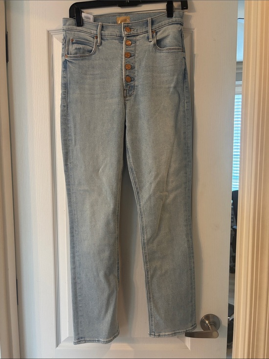 MOTHER Denim - MOTHER Straight-Leg Light Blue Button-Fly Jeans- The Pixie Dazzler Ankle